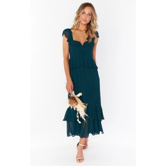 Show Me Your MuMu Reese Ruffle Midi Dress, Emerald Chiffon - Picture 1 of 16